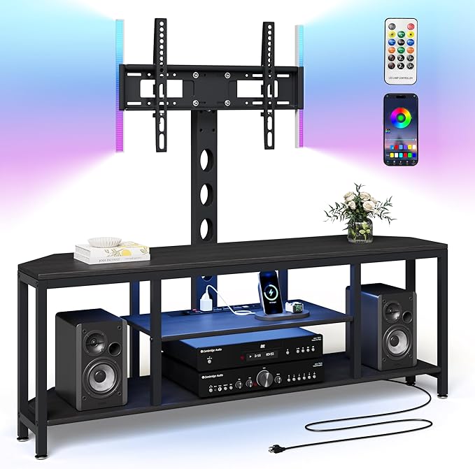 Corner TV Stand with Mount LED - Universal TV Mount Stand for 32-65" TV, Height Adjustable Swivel TV Console Wood & Steel Entertainment Center with Mount, Cabinet, Power Outlet, Colorful Light, Black