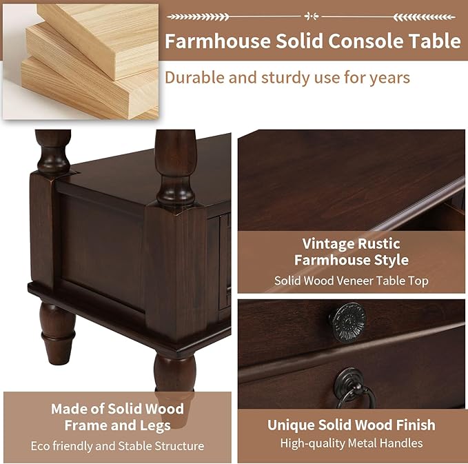 LKTART 54'' Solid Wood Console Table, Farmhouse Entryway Table with 6 Drawers and Shelf, Narrow Long Sofa Table with Storage for Living Room Hallway, Couch, Foyer (Espresso)