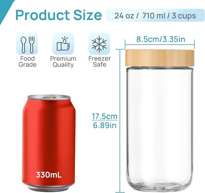 Vtopmart 4 Pack 24oz Glass Overnight Oats Containers with Bamboo Lids, Portable Wide Mouth Glass Jars Leak Proof, Reusable Glass Food Storage Containers for Yogurt Chia Pudding Salad Pickling Snacks