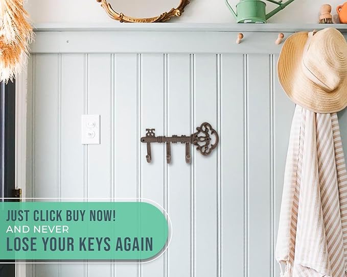 Comfify Decorative Skeleton Key Hook – Wall Mounted Cast Iron with 3 Hooks – Vintage Rustic Style – 7.7" x 4.5" – Includes Screws and Anchors