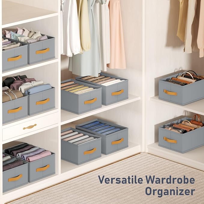 DIMJ Wardrobe Clothes Organizer - Foldable Closet Drawer Organizer Dividers for Jeans, Pants, Sweater, T Shirt, Storage Bins with Handles for Shelf