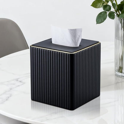KINGFOM Tissue Box Cover, PU Leather Square Tissue Box Holder for Kleenexs with Magnetic Bottom Cover for Facial Tissues/Napkins, Office & Living Room Decor Box Black