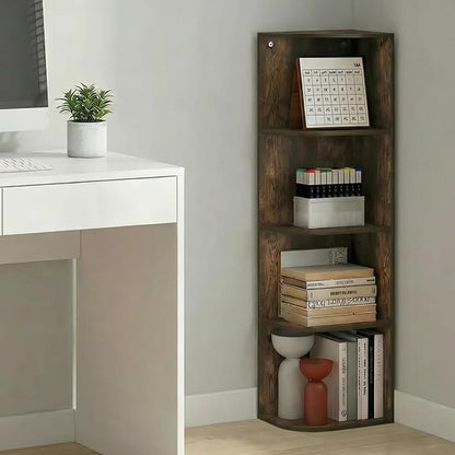Furinno PASIR Book Shelf, 4-Tier Corner Bookshelf with Open Shelf, Standing Bookcase, 9.3 x 12 x 41.4, for Organization and Storage, for Living Room, Bedroom, Home Office, Amber Pine