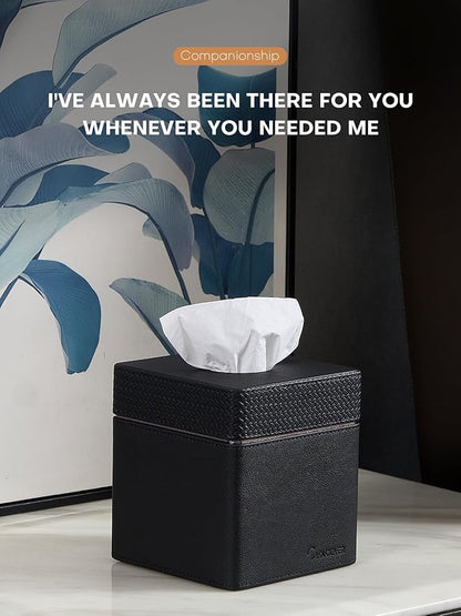 Cloudever Tissue Box Holder Cover, Modern PU Leather Square Decorative Tissue Holder Organizer-Woven New Black