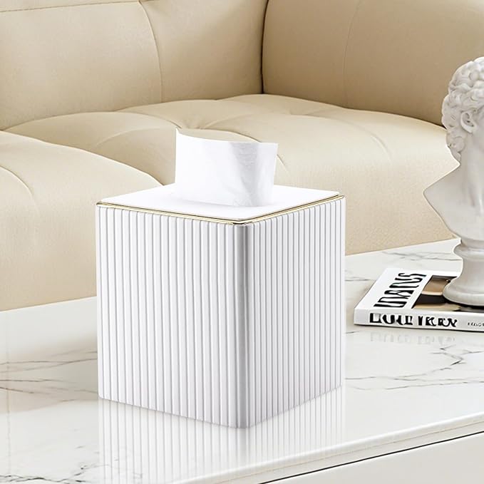 KINGFOM Tissue Box Cover, PU Leather Square Tissue Box Holder for Kleenexs with Magnetic Bottom Cover for Facial Tissues/Napkins, Office & Living Room Decor Box White