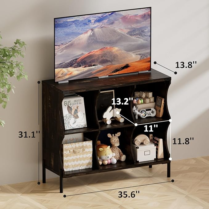 6 Cube Book Shelf, Low and Short Bookshelf, Long Cube Storage Organizer Wood TV Stand, Toy Organization DVD Cabinets for Living Room, Office, Bedroom, Dorm, Dark Brown with Dark Brown Top