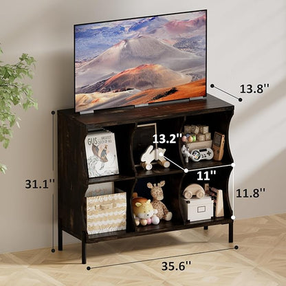 6 Cube Book Shelf, Low and Short Bookshelf, Long Cube Storage Organizer Wood TV Stand, Toy Organization DVD Cabinets for Living Room, Office, Bedroom, Dorm, Dark Brown with Dark Brown Top