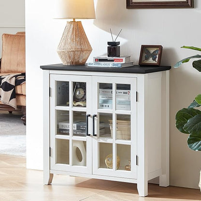 Sideboard Buffet Cabinet with Storage, 32" Farmhouse Kitchen Coffee Wine Bar Cabinet with 2 Glass Doors, Wood Mid Century Modern Side Board Table for Dining Room, Living Room, White