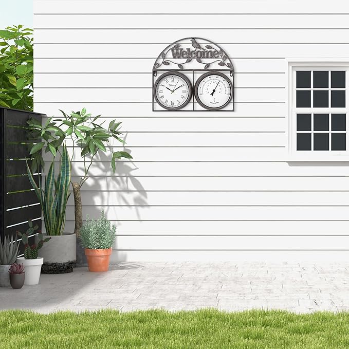 17Inch Large Outdoor Clock,Waterproof Wall Clock with Thermometer,Weatherproof Non-Ticking Quartz Battery Operated Decor Clock for Patio,Garden,Pool,Porch,House Warming Gifts