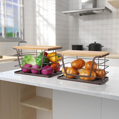 ALOCEO 2 Pack Stackable Wire Storage Basket with Bamboo Lid, Trash Bag Dispenser Under Sink for 4-13 Gal Bags, Kitchen Storage Bins for Potato and Onion, Brown