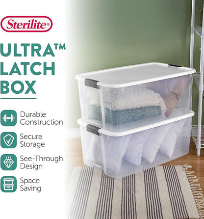 Sterilite 12-Pack Ultra Latching Box, Storage Bins with Lids, Clear Plastic, 116 Quart - Heavy-Duty Organizing Containers for Closet, Bathroom, and Office