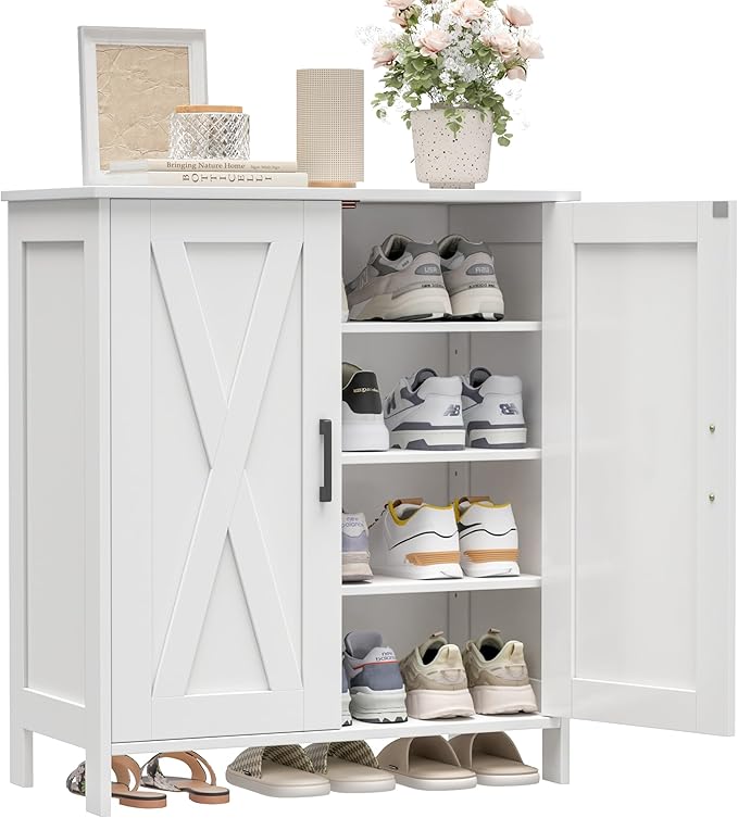 Homleke Farmhouse Shoe Cabinet with 2 Barn Doors & Wood Legs, 5-Tier Shoe Storage Cabinet with 3 Adjustable Shelves, Tall Shoe Rack Organizer for Closet, Shoe Organizer for Entryway, Hallway, White