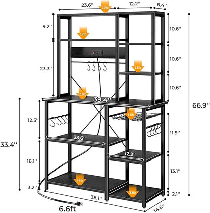 SUPERJARE Large Bakers Rack with Power Outlets, 6-Tier Microwave Stand, Coffee Bar with 12 S-Shaped Hooks, Kitchen Shelf with Wire Basket, 39.4 x 14.6 x 66.9 Inches, Black