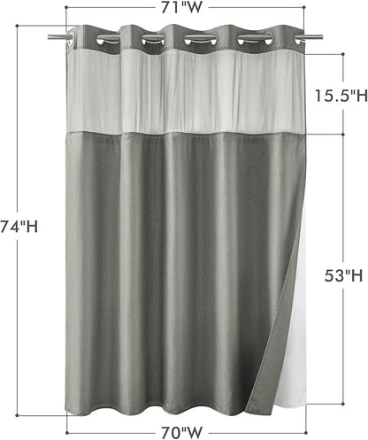 Mrs Awesome No Hook Shower Curtain with Snap-in LinerLess Time On/Off, Embossed Waffle-Look Textured Fabric Shower Curtain for Bathroom, Soft & Lightweight, 71x74, Gray