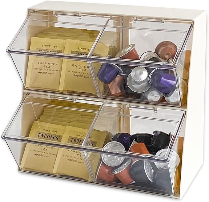 Large Coffee and Tea Organizer with Lid, Plastic Creamer Holder for Coffee Bar, Coffee Accessories Storage Box for K Cups, Coffee Pod, Sugar Bags, Drinking Straw (White)