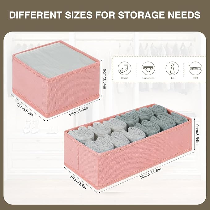 DIMJ Drawer Organizers - Set of 12 Fabric Closet Organizers and Storage, Drawer Dividers for Baby Clothes, Socks, Belt, Tie (Pink)