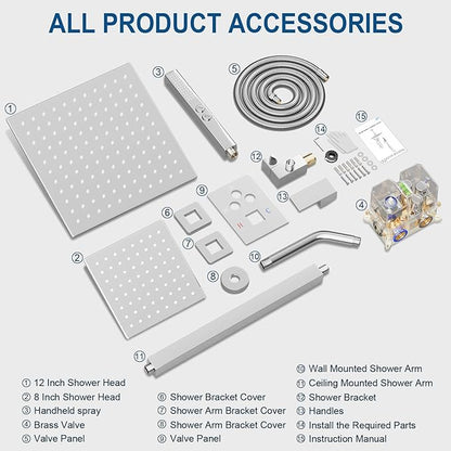 Shower Faucet Set Polished Chrome Shower System, Ceiling Mount 12 Inch Shower Head With Wall Mount 6 Inch Shower Head and 2 in 1 Handheld Spray, Push Button Diverter Shower Valve Trim Kit