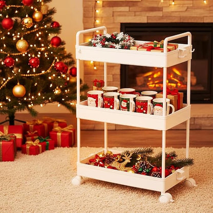 Ronlap 3 Tier Slim Rolling Storage Cart with Wheels Plastic Utility Cart Organizer for Snack Craft Art Postpartum Baby Diaper Nail Makeup in Bathroom Laundry Room Kitchen Bedside Narrow Space, White
