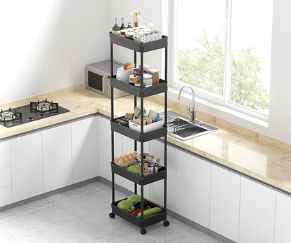 Sooyee 5-Tier Plastic Rolling Utility Cart with Wheels, Multi-Functional Storage Trolley for Office, Living Room, Kitchen, Movable Storage Organizer, Black