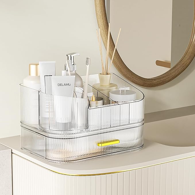Delamu Makeup Organizer for Vanity with Stackable Drawers, 360 Rotating Makeup Brush Holder Large Cosmetic Display Case, Bathroom Skincare Storage, Crystal Clear, Ideal Christmas Gifts for Girls