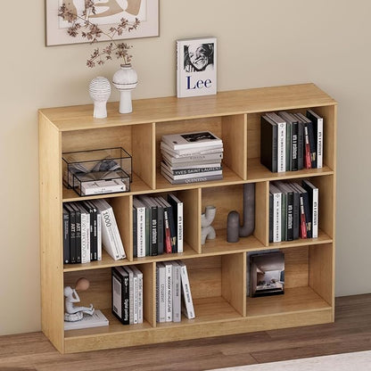 10-Cube Wooden Bookshelf with Base,3-Tier Freestanding Open Storage Organizer,Multi-Functional Bookcase for Living Room,Bedroom,Study and Office (Oak, 10-Cube)