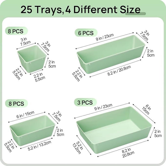 Vtopmart 25 PCS Plastic Drawer Organizers Set, 4-Size Versatile Bathroom and Vanity Drawer Organizer Trays, Storage Bins for Makeup, Bedroom, Kitchen Gadgets Utensils and Office