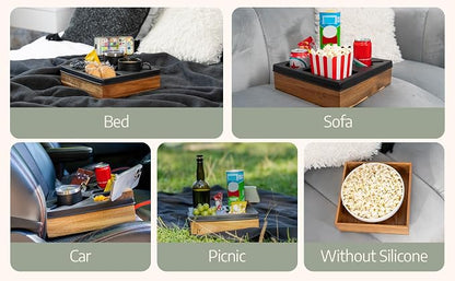 Silicone Couch Cup Holder Tray – Handy Silicone Acacia Couch Caddy with Cup Holder & Phone Stand – Waterproof Anti-Spill Snack & Bed Caddy Organizer Sofa Tray for Drinks, Snacks, & Remotes (Black)