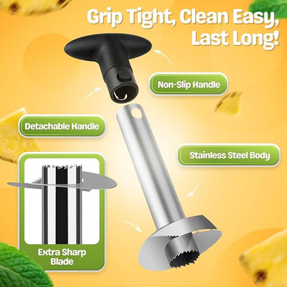 Flexzion Pineapple Corer Slicer Peeler, Stainless Steel Eye Remover Decorer Wedger Cutter, Spiral Cutting Tools with Metal Blade, Non-Slip Grip for Fruit Rings, Home Kitchen Restaurant Chef Use