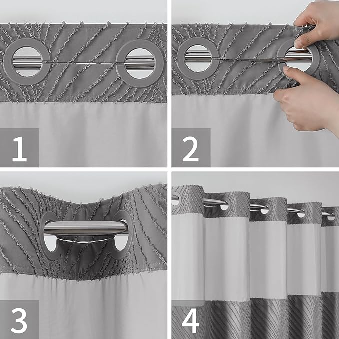 no Hook Shower Curtain and Liner Set，Boho Style with See Through Top Window, Grey Fabric Tufted Striped Textured Outer Curtain & Waterproof Inner Liner, Grey/Gray, 71Wx74H