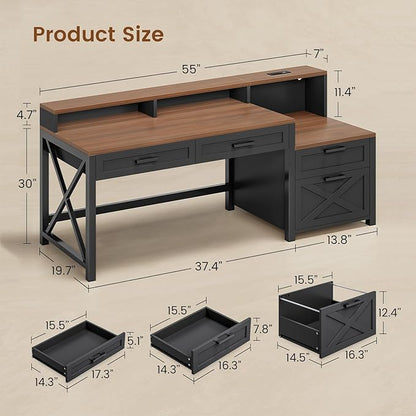 SEDETA Farmhouse Home Office Desk with File Drawer & Power Outlet, Computer Desk with 4 Drawer, Storage Shelves, Printer Cabinet and Monitor Shelf, Gaming Desk with Led Lights, Black Brown