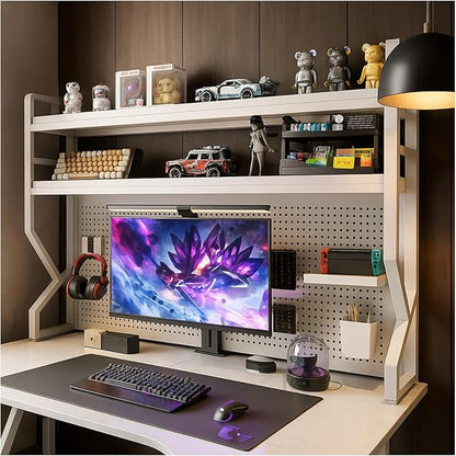 Desktop Hutch Bookshelf,Many Gifts,Metal Desktop Bookcase with pegboard, Desk Shelf White, Countertop Storage Organizer Rack for Dorm or Office,Desktop Shelves(White, 53.1" Lx9.9 Wx39 H)