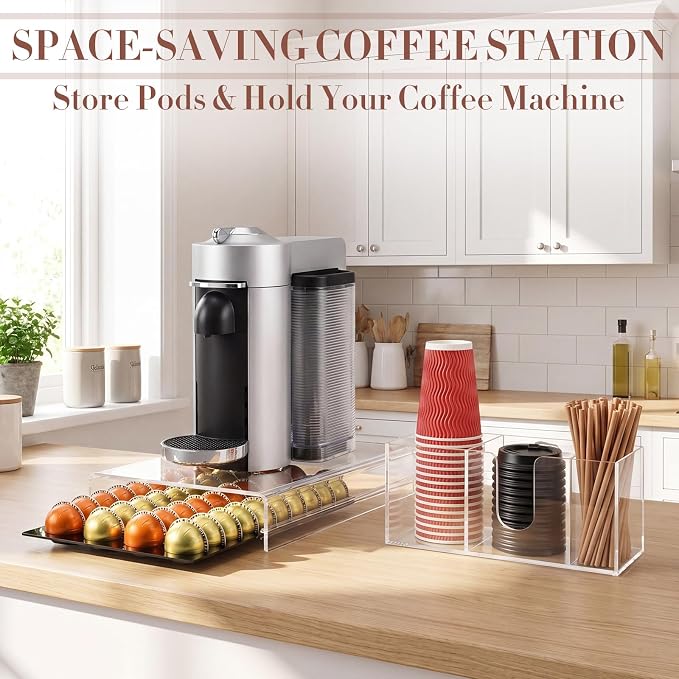 Coffee Pod Drawer Organizer with Clear Station Organizer Compatible with Nespresso Vertuo Acrylic Coffee Capsule Holder Drawer Machine Accessories 40 Pods