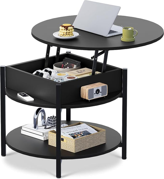 WLIVE Round Lift Top Coffee Table with Storage Shelf and Hidden Compartment, Farmhouse Small Coffee Table with 2 Tier for Living Room and Home Office, Black