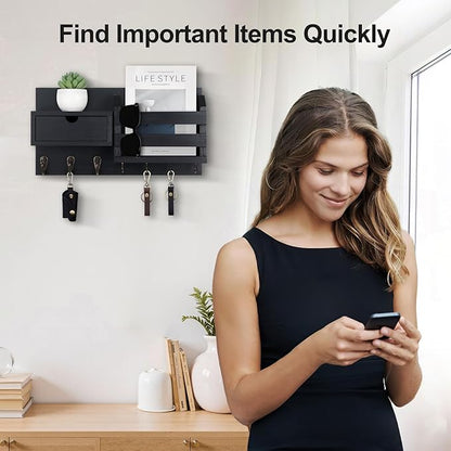 Lwenki Wall Mount Key Holder with Mail Organizer, 100% Paulownia Wood, 7 Metal Hooks, Storage Drawer, Entryway Home Decor (Black)