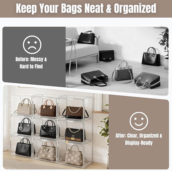 6Pack Purse Organizer for Closet Clear Acrylic Display Case Handbag Storage Organizer Box with Magnetic Door Stackable Storage Bins with Dustproof Lid for Book Toys Shoes Cosmetic Collectibles