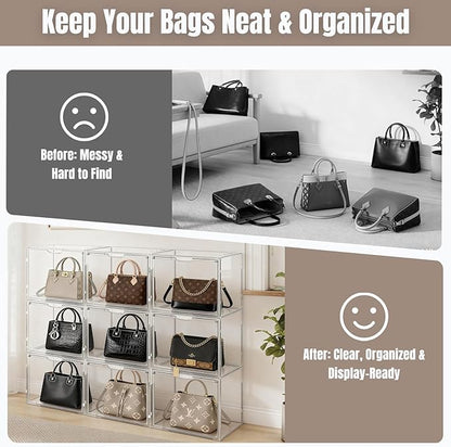 6Pack Purse Organizer for Closet Clear Acrylic Display Case Handbag Storage Organizer Box with Magnetic Door Stackable Storage Bins with Dustproof Lid for Book Toys Shoes Cosmetic Collectibles