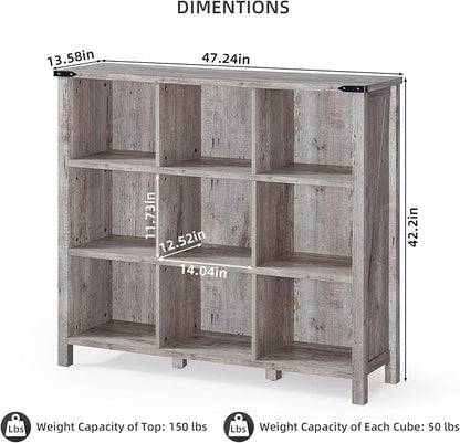 9 Cube Bookcase, Farmhouse 47 Inch Wide Grey Oak Bookshelf, Wooden 3 Tier Display Large Open Book Shelf, Vintage Horizontal Book Case for Home Office, Cubby Storage Cabinet for Living Room