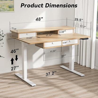 FiCiHi Adjustable Height Standing Desk with 4 Drawers,48 x 30 inches Electric Sit Stand Home Office Desk with Two Tiers, 3 Memory Presets, Monitor Stand Riser, USB A/C Charging Port