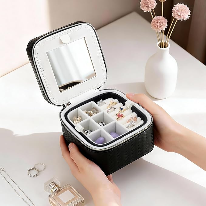 DesignSter Travel Jewelry Case for Woman, Small Travel Jewelry Box with Mirror,4.72×4.72×3.54 inches,Portable Design Travel Jewelry Organizer,Double Headed Zipper