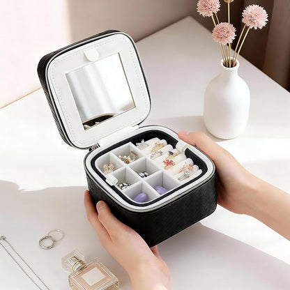 DesignSter Travel Jewelry Case for Woman, Small Travel Jewelry Box with Mirror,4.72×4.72×3.54 inches,Portable Design Travel Jewelry Organizer,Double Headed Zipper