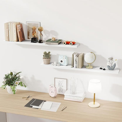 Fun Memories White Floating Shelves for Wall, 48 Inch Floating Shelves for Home Decor, Wall Mounted Rustic Wood Shelves, Bathroom, Hanging Deep Shelf for Bedroom, Living Room, Kitchen, 2 Packs