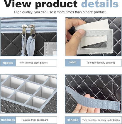 VERONLY China Dinnerware Storage Containers Set- Dish,Mug,Stemware Storage Cases - Quilted Box Bins Stackable with Divider,handles,Clear Window for Cups,Plates,Wine Glasses Moving Set of 6 (Grey
