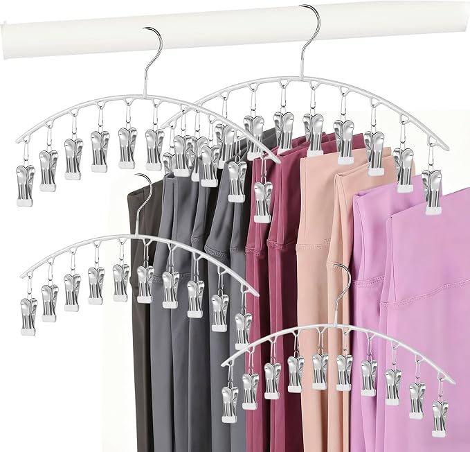 Legging Hangers for Closet Organizer, Hat Hangers for Closet 2 Pack with 10 Clips Holds 20 Leggings, Legging Hanger, Pants Storage Organizer Suitable for Socks, Panties, Underwear, Pants (4-White)