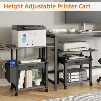 YAOHUOO 22"x15" Large Printer Stand with Drawer, 3-Tier Rolling Table Cart | Storage Drawer and Side Bag,Height Adjustable Cart,Fit printer/fax/3d/scanner,4 lock wheels or feet,Gray