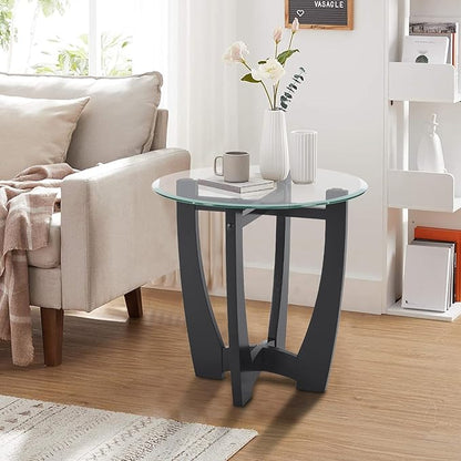 LKTART Glass End Table, 23.5" Round Side Tables with Tempered Glass Top Cross and Solid Wood Base Small Night Stand for Living Room Office Apartment Black