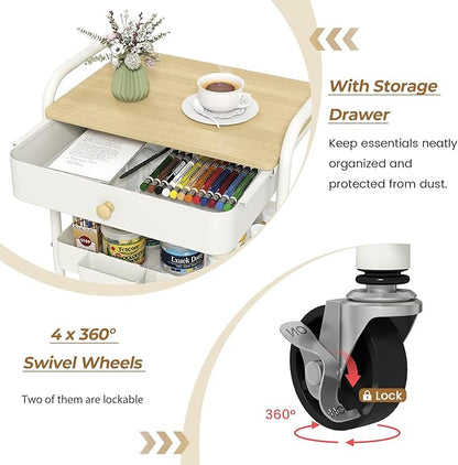 danpinera 3 Tier Rolling Cart with Wooden Table Top, White Rolling Utility Cart with Drawer & Locked Wheels, Easy Assembly for Nursery, Living Room, Studio