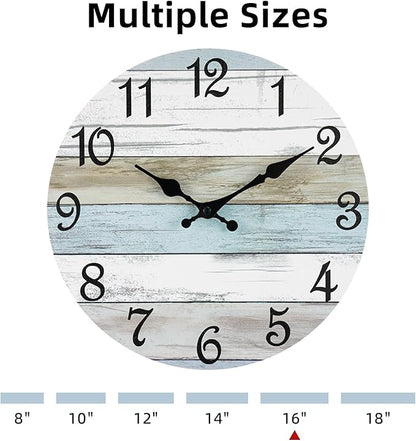 CHYLIN Wall Clock - 16 Inch Silent Non Ticking Coastal Wall Clocks Battery Operated, Wooden Rustic Farmhouse Clock Decorative for Living Room, Kitchen, Bathroom, Office (Blue)