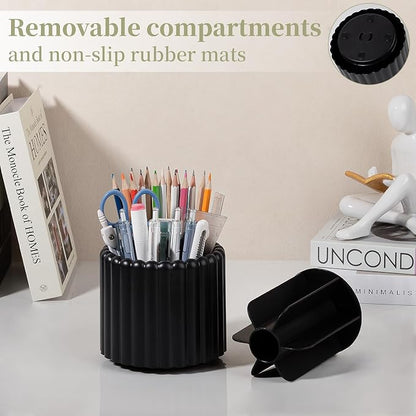 Anyoifax 360° Rotating Pen Holder 7 Slots Desk Organizer Removable Pencil Cup Plastic Art Supplies and Accessories Desktop Storage Box Caddy for Office, School, Home (Black)