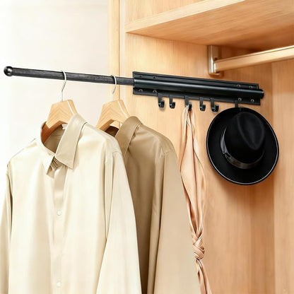 16 inch Valet Rod for Deeper Closet Pull Out, Closet Valet Rod Slide Out Pull Out Clothes Hanger With 6 Hooks Closet Organization and Storage (Black)