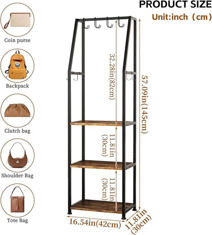 3-Tier Purse Rack Stand with 8 Hooks - Tall Narrow Purse Organizer for Entryway/Closet Organization, Bag Organizer for Various Bags (Rustic Brown)